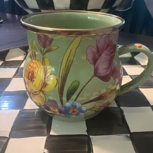 Mackenzie Childs Green Enamel Flower Market Floral Coffee Mug Cup D